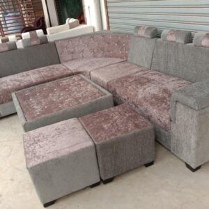 Grey-Brown Velvet L-Shape Sofa Set