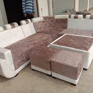 Chocolate & White Velvet L-Shape Sofa