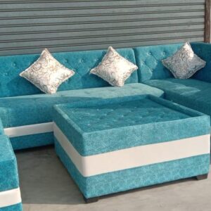 Sky Blue L-Shape Sofa with Center Table