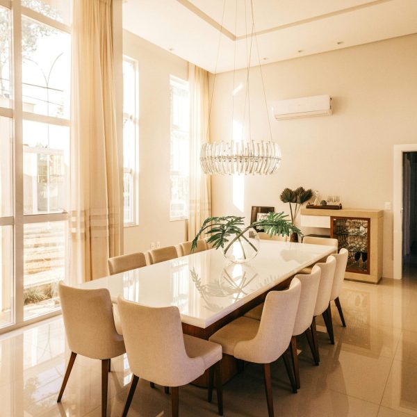Stylish dining room featuring a contemporary design and elegant furniture arrangement.